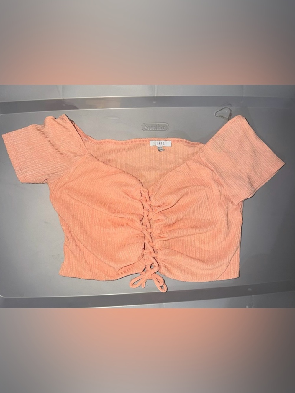 iris Coral Peach Ruched Lace-Up Ribbed Crop Top